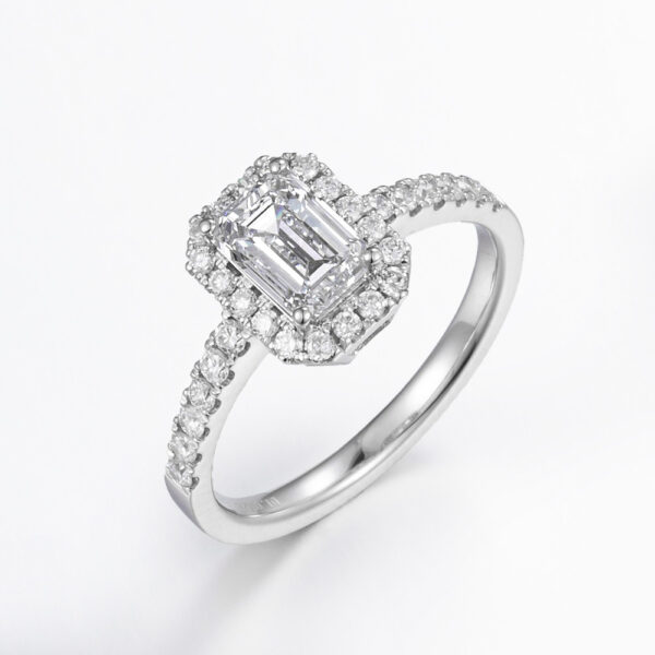Emerald-Cut Halo Lab-Grown Diamond Engagement Ring iin  14K/18K  White Gold, Yellow Gold, Rose Gold & Platinum​（1ct）